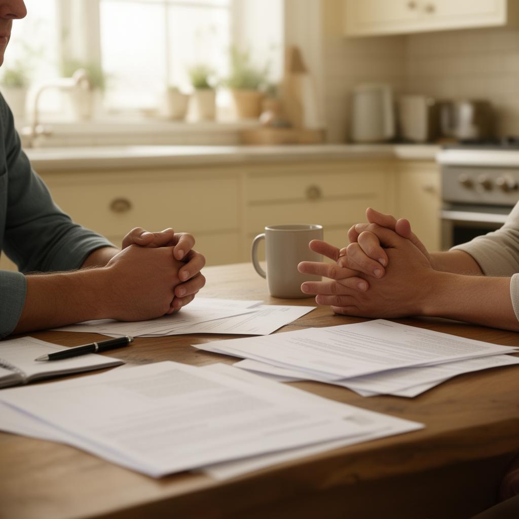 Calm conversation at a kitchen table with paperwork
